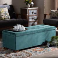 Baxton Studio BBT3101-Teal Velvet/Walnut-Otto Roanoke Modern and Contemporary Teal Blue Velvet Fabric Upholstered Grid-Tufted Storage Ottoman Bench